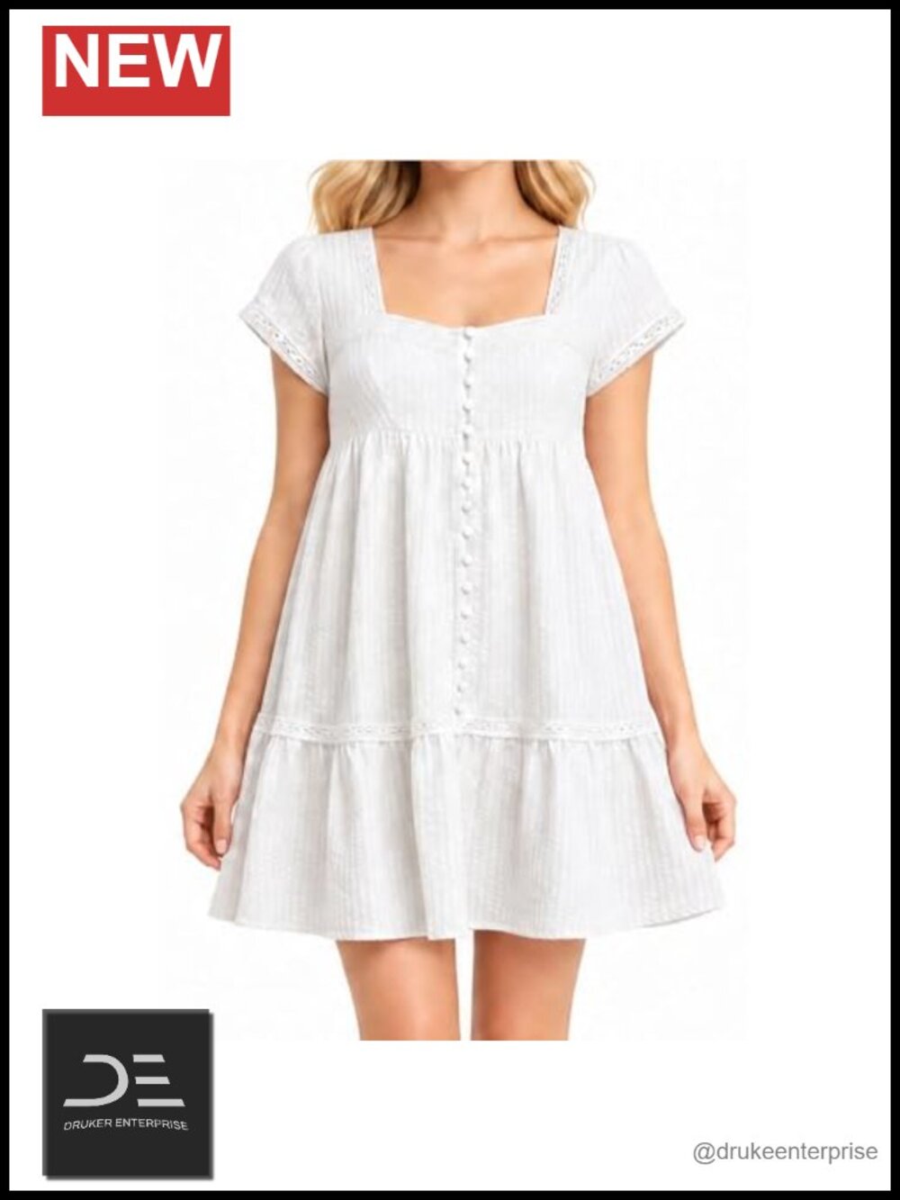 Womens Babydoll Mini Dress Square Neck Ruffle Hem Button Front Casual